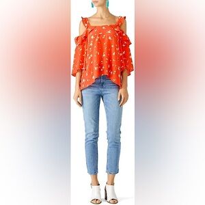 Shoshanna Bronwen Red Coral Floral Cold Shoulder Ruffle Silk Blouse Sz Small